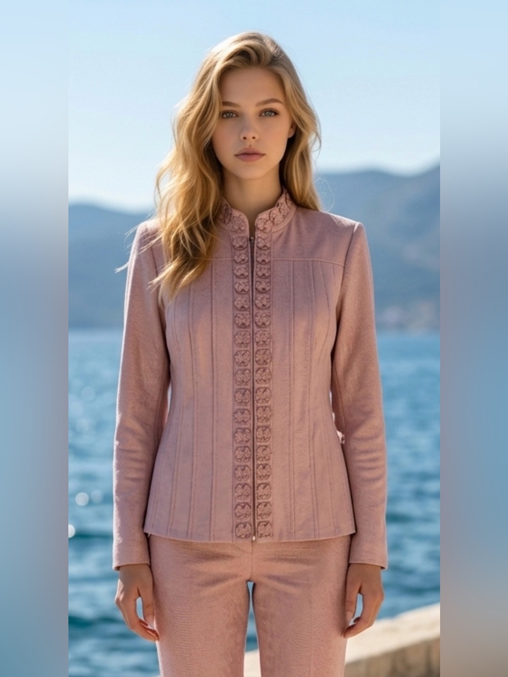 Tailored Leather and Knit Pink Embroidered Stand-Collar Blazer